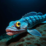 **A deep-sea dragonfish with large eyes, bioluminescent patterns on its body, and sharp teeth, swimming in the dark ocean depths. The scene should emphasize the contrast between the fish's bioluminescence and the surrounding darkness, capturing its adaptation to low-light conditions. Dramatic lighting and detail are key. Style: Photorealistic.**