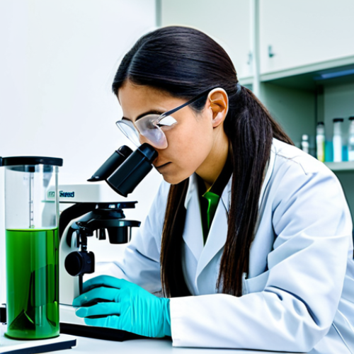 A dedicated female scientist in a clean, modest lab coat and professional dress, meticulously observing microalgae samples under a high-powered microscope in a state-of-the-art microbiology laboratory. Vibrant green and blue algal cultures are visible in petri dishes on a sleek, well-lit lab bench. A modern, transparent photobioreactor with circulating green liquid is in the softly blurred background, symbolizing scientific inquiry and the intricate beauty of microscopic life. perfect anatomy, correct proportions, natural pose, well-formed hands, proper finger count, natural body proportions, professional photography, high resolution, vibrant colors, clear focus, professional, modest, safe for work, appropriate content, fully clothed.