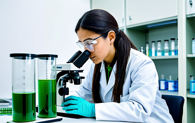 A dedicated female scientist in a clean, modest lab coat and professional dress, meticulously observing microalgae samples under a high-powered microscope in a state-of-the-art microbiology laboratory. Vibrant green and blue algal cultures are visible in petri dishes on a sleek, well-lit lab bench. A modern, transparent photobioreactor with circulating green liquid is in the softly blurred background, symbolizing scientific inquiry and the intricate beauty of microscopic life. perfect anatomy, correct proportions, natural pose, well-formed hands, proper finger count, natural body proportions, professional photography, high resolution, vibrant colors, clear focus, professional, modest, safe for work, appropriate content, fully clothed.