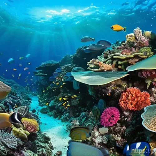 Home 20 해양 유전공학과 종 보전 - **Prompt: "A vibrant, panoramic underwater scene showcasing a magnificent coral reef teeming with li...