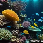 Home 17 해양 약리학과 신약 개발 - A detailed underwater scene showcasing diverse marine life including sponges, corals, and mollusks, ...