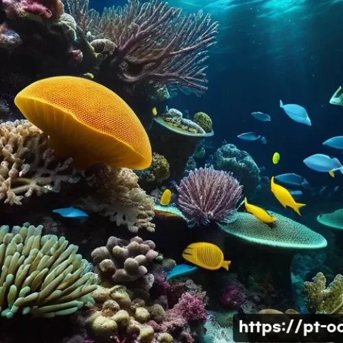 Home 29 해양 약리학과 신약 개발 - A detailed underwater scene showcasing diverse marine life including sponges, corals, and mollusks, ...