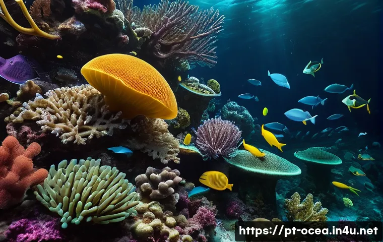 해양 약리학과 신약 개발 - A detailed underwater scene showcasing diverse marine life including sponges, corals, and mollusks, ...