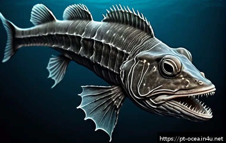 심해 환경에서의 생물 생존 전략 - Ultra-detailed illustration of an abyssal dragonfish swimming in the deep ocean, showcasing its flex...